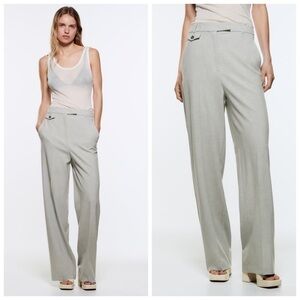 Zara High Rise Straight Relaxed Fit Wide Leg Women’s Light Gray Trousers Sz S